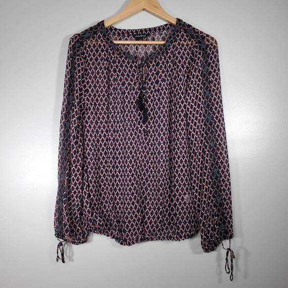 Lucky Brand Diamond Pattern Peasant Top Beaded Navy Red White Size XS - Picture 11 of 11